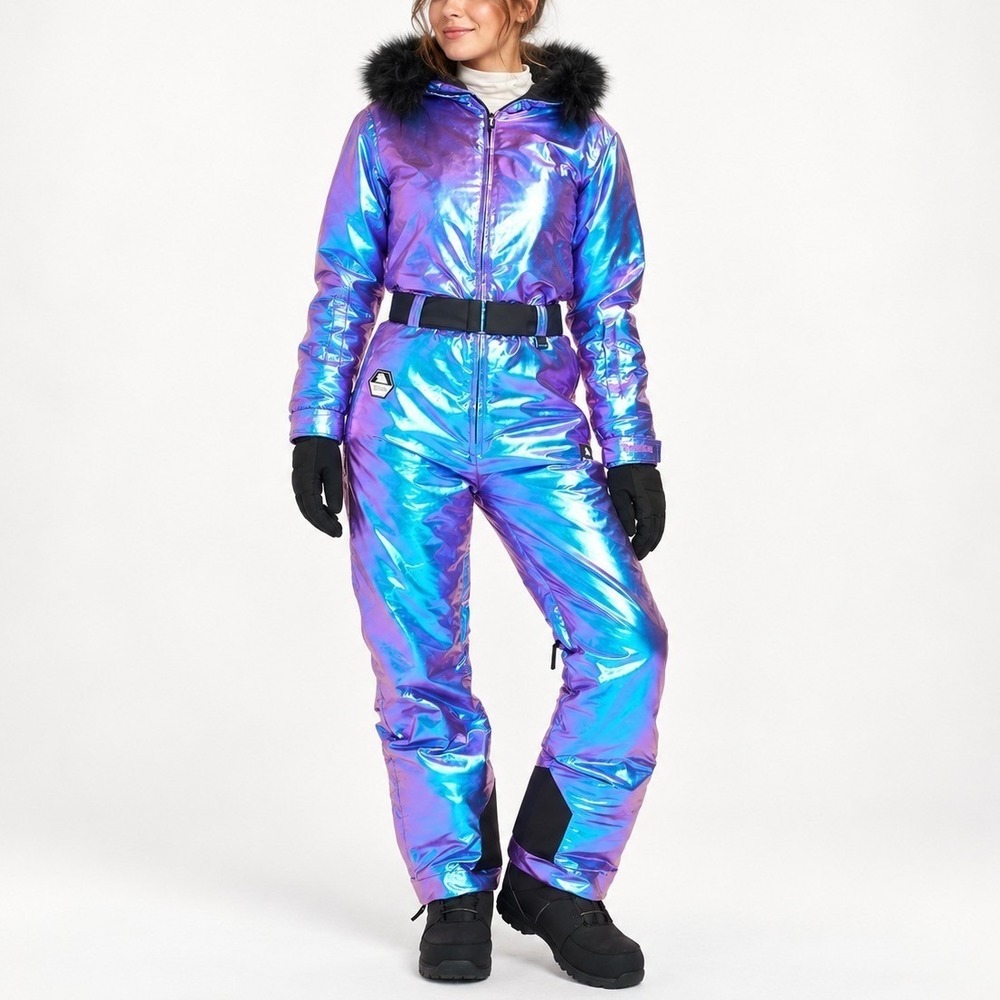 Tipsy Elves Ski Suit Womens M Purple Bullet Metallic Waterproof Hooded Snow NEW